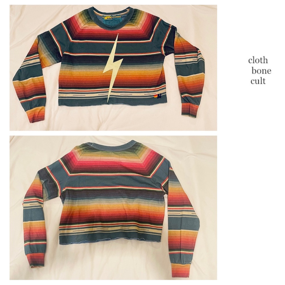 AVIATOR NATION 🌈 Blue Serape Stripe Lightning Bolt Cropped SWEATSHIRT